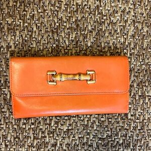 PROJECT WALLET - Gucci Orange Leather Long Wallet Horsebit Bamboo Detail
